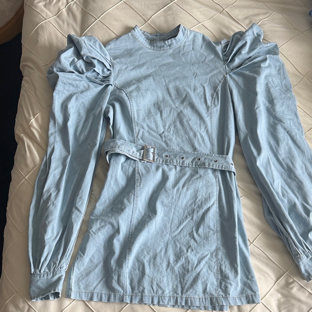 Light Blue Long-Sleeve Puff Shoulder Belted Dress